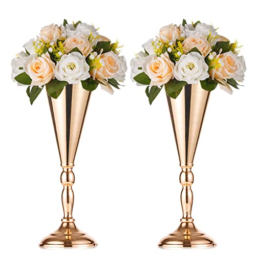2 Pcs Set Metal Wedding Flower Trumpet Vase Stand, 14 inch Table Decorative Centerpiece Artificial Flower Arrangements for Anniversary Ceremony Party Birthday Event Aisle Home Decoration (Gold) - color: Gold, size: 14 inch x 2 Pcs