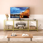 HOOBRO TV Stand with LED Lights and Power Outlets for TVs up to 75", Modern 70.9 Inch Tempered Glass TV Console Table with Open Shelves, Media Entertainment Center for Living Room, Gold GD185UDS01 - size: 70.9 Inch