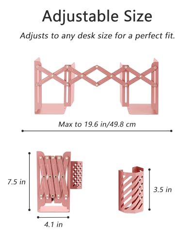Kingsmile Book Ends, Adjustable Bookends for Shelves, Metal Bookends for Heavy Books, Book Stopper Organzier with Pen Holder for Desk, Kids Room, Office, Classroom, Library, Study Room.(Pink) - color: Pink