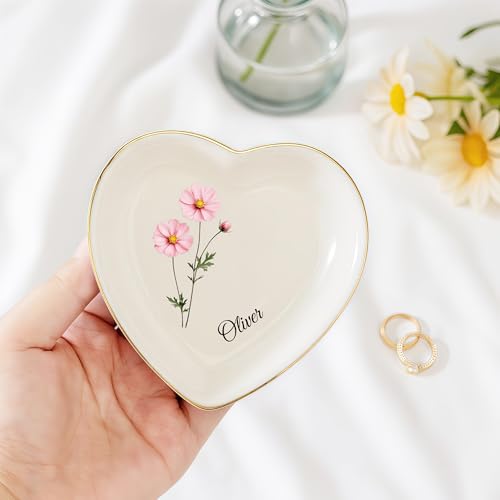 Ship Next Day, Personalized Ceramic Jewelry Dish, Custom Birth Flower & Name Trinket Tray for Mother's Day, Bridesmaid, Birthday Gift - Heart - color: Birth Flower Jewelry Tray-heart