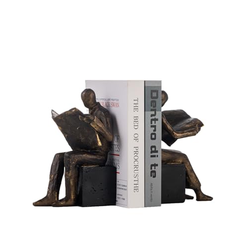 Lukitas Decorative Newspaper Reader Bookends, Heavy Duty Book Holder Non-Slip, Vintage Home Décor Accessories for Study Office Bookshelf, Bronze, Resin, 1Pair/2Piece 8'' - color: Newspaper Reader