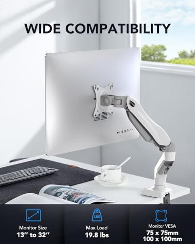 HUANUO Single Monitor Mount, 13 to 32 Inch Gas Spring Monitor Arm, Adjustable Stand, Vesa Mount with Clamp and Grommet Base - Fits 4.4 to 19.8lbs LCD Computer Monitors - color: White