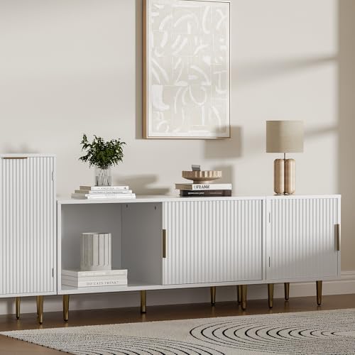 Housoul Combined Modern TV Stand for 55/60/65 inch TV, Small Fluted Entertainment Center with Adjustable Shelf, TV Media Stand with Storage Cabinet, TV Console for Living Room, Bedroom, White - color: White, size: 55" L