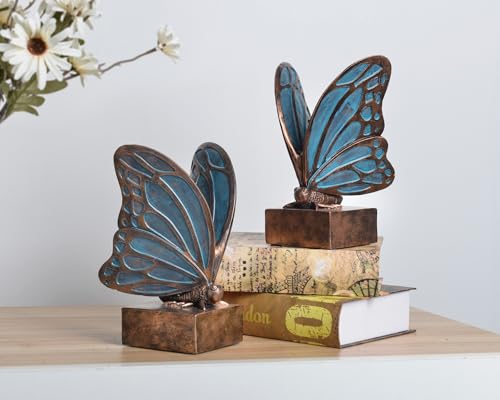 Vintage Blue Butterfly Bookends,Resin Book Ends for Shelves,Heavy Duty Decorative Bookends,Creative Book Stopper Holder Decor for Desk Home Office,Shelf Decoration,Gifts for Mother's Day - color: Blue Bronze