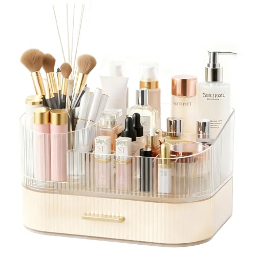 Makeup Organizer Countertop with 360 Rotating Brush Holder, Make Up Organizers For Vanity With Drawer, Bathroom Countertop Skincare Organizer And Storage - size: 2-layer