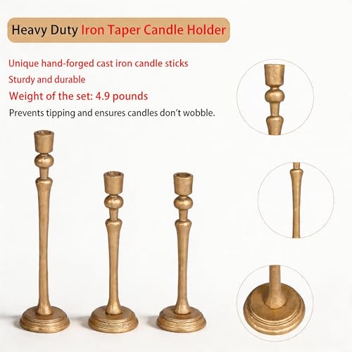 Gold Candlestick Holders Set of 3, Heavy Cast Iron Candle Holder for Table Centerpiece, Antique Brass Finish - color: Antiqued Gold 5