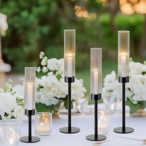 Black Hurricane Candle Holders, Set of 6 Glass Taper Candlestick Holders Metal Candle Stands Bulk with Ribbed Glass Cover for Dining Tables Wedding Candelabra Centerpieces Decor - color: Black