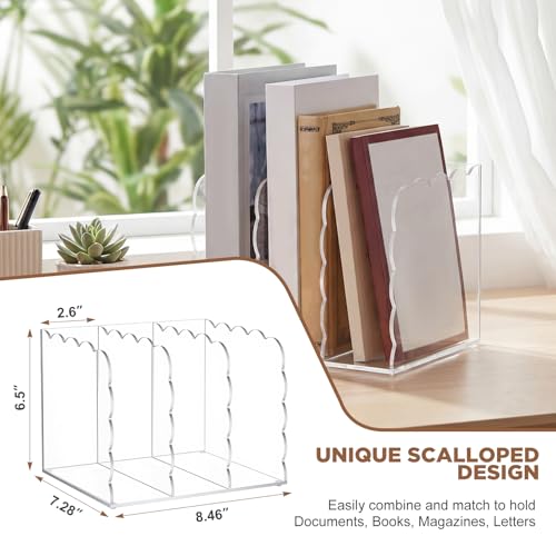 Suzile Scalloped Acrylic Magazine File Holder, 3-Compartment 4mm Thick, Clear Desk Organizer Vertical Bookends Organization for Office, Binders, Documents, Tablets, Magazines, Books