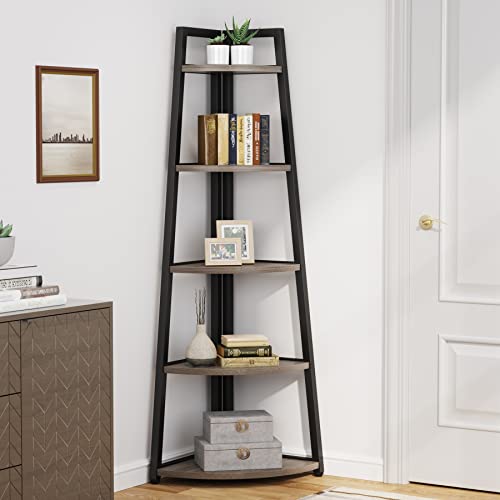 Tribesigns 70 inch Tall Corner Shelf, 5 Tier Industrial Corner Bookshelf Bookcase Industrial Corner Ladder Shelf Plant Stand for Living Room, Kitchen, Home Office (Grey) - color: Grey