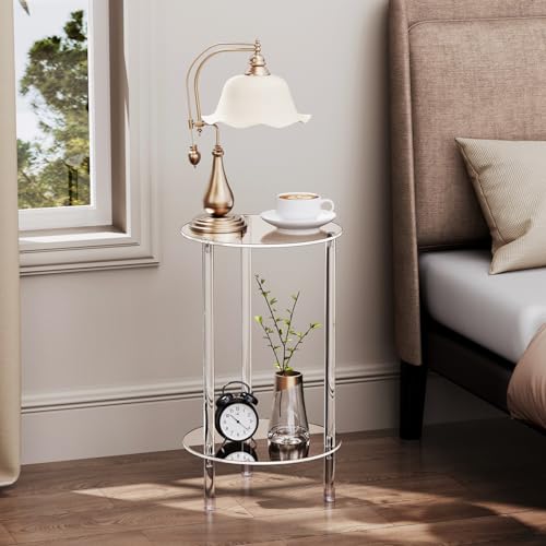 Clear Round Acrylic Side Table for Small Spaces, 11.81" L x 11.81" W x 19.82" H, 2 Tier Small Modern Drink End Table Nightstand, Minimalist Bedside Table for Living Room, Bedroom, Bathroom - size: 2 Tier 1-Pack (19.82"H)
