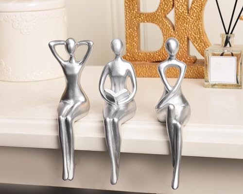 Quoowiit Thinker Statue Office Desk Decor, Silver Art Sculpture Ornament Coffee Table Bookshelf Decor Modern Home Unique Home Decorations for Living Room 3 Piece - color: Silver