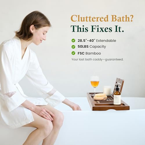 Bamboo Bathtub Tray, Bath Caddy with Wine Glass Holder, Phone Dock & Book Stand | Hands-Free Reading & Ultimate Spa Relaxation Experience-Brown - color: Modern Brown Bamboo