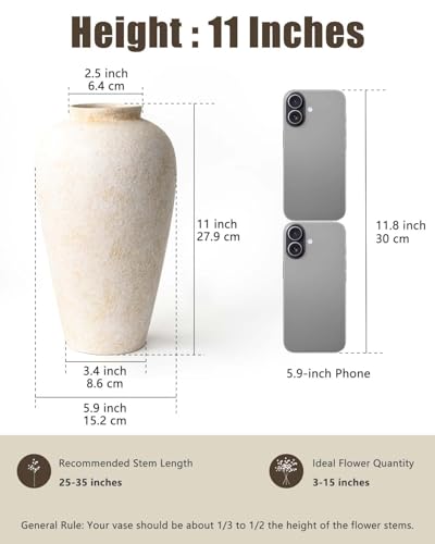 Large Ceramic Rustic Vase 11 Inches, YBX White Ceramic Flower Vase for Centerpieces, Decorative Farmhouse Tall Vase for Home Decor, Living Room, Bedroom, Hallway, Wedding, Table Decorations, Beige - color: Rustic Cream-11"