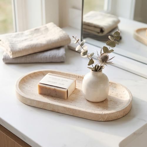 Natural Italian Travertine Tray Oval Decorative Marble Vanity Tray for Bathroom Countertop Hand-Polished Organizer for Kitchen Soap Jewelry Coffee Table Beige (11.8X5.9 Inch)
