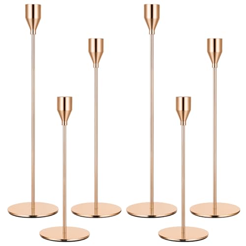 6pcs Candlestick Holders, Metal Taper Candle Holder Bulk Rose Gold Tall Candlestick Holders Taper Candle Holder for Table Centerpieces Candlesticks for Wedding Christmas Party-3size