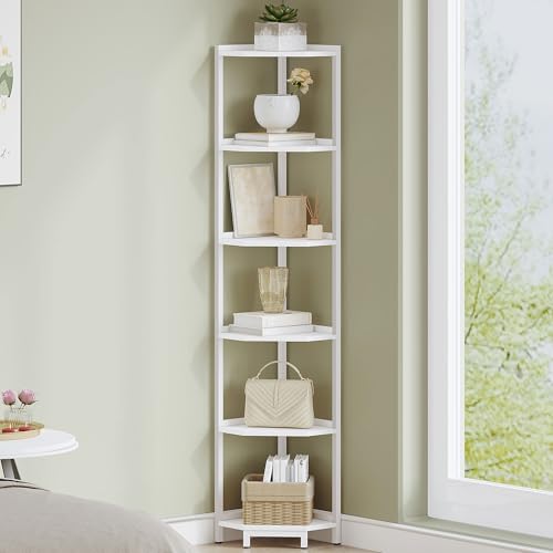 Hzuaneri Corner Shelf Stand, Corner Bookshelf, Storage Standing Shelf Unit with Metal Frame, Plant Stand, Bookcase for Living Room, Home Office, Bedroom, 6-Tier White CS06013W - color: White, size: 6 Tier