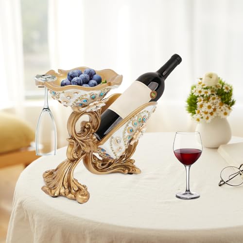 Tabletop Wine Rack Golden Luxury Cameo Flower Diamond Wine Glass Display Holder, Holds 1 Wine Bottle and 3 Wine Glasses Wine Decor for Kitchen Bar Gifts