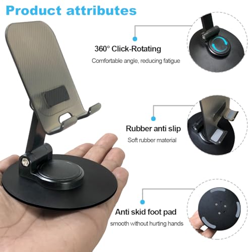 POQOD Foldable Cell Phone Stand for Desk, Fully Adjustable Phone Holder for Desk Compatible with iPhone 16 15 14 13 12, Nintendo Switch, All Phones, (Black) - color: Black 360° Rotating