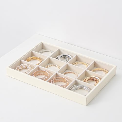 Stackable Jewelry Organizer Tray For Drawers,White Leather Small Earring Storage Tray,Bracelet And Necklace Display Box,Jewelry Ring Display Case (Creamy White 12 Grids) - style: Creamy White 12 Grids