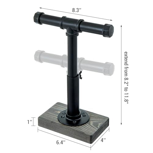 MyGift Adjustable Height Industrial Pipe Organizer Stand - Rustic T-Bar for Jewelry, Headphones, Medals, Kitchen Utensils & Display, Gray Wood Base (Black/Gray, Country Style) - color: Black / Gray
