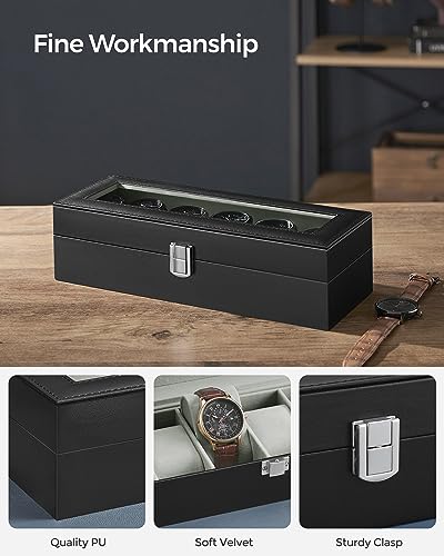 SONGMICS Watch Box, 6-Slot Watch Case Organizer with Large Glass Lid, Removable Pillows, Gift for Loved Ones, Black Synthetic Leather, Greenish Gray Lining UJWB06BK - color: Black + Gray, size: 6 Slot