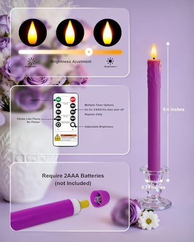 Homemory 6 Pcs Real Wax Purple Flameless Taper Candles with Remote Timer, 9.6 Inches LED Fake Candlesticks, LED Candle with 3D Flickering Flame for Romantic Wedding, Dinner, Xmas Anniversary Decor - style: Mysterious - Purple 9.6"