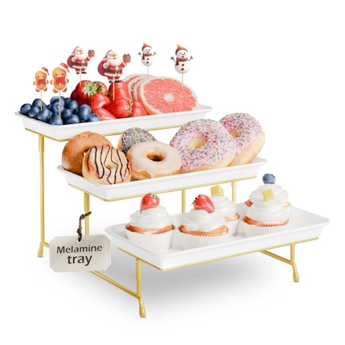 3-Tier Melamine Serving Tray Set, 11.5" x 5.6" Platters for Serving Food, Black Reusable Trays with Black Metal Display Stand for Cupcakes, Sevring Food, Dessert, Fruit, Cookie, Gold - color: Gold, size: 11.8" x 5.7"