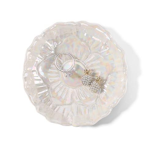 Flower Ring Dish Holder,Jewelry Dish Tray,Small Trinket Tray,Jewelry Plate Bowl,Key Bowl,Decorative Plate,Mothers Day Birthday Gifts for Women Mom Friends,Ceramic Pearl White - color: Pearl White