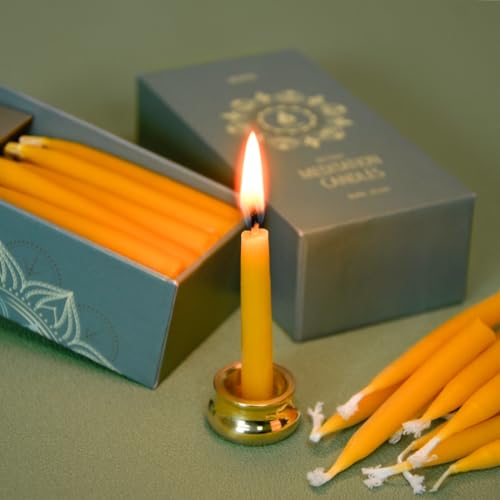 20 Minute Pure Beeswax Candles, Dripless Meditation Candles, Mini Taper Candles, Set of 20 with Brass Candle Holders. - color: 20PCS & Brass holder