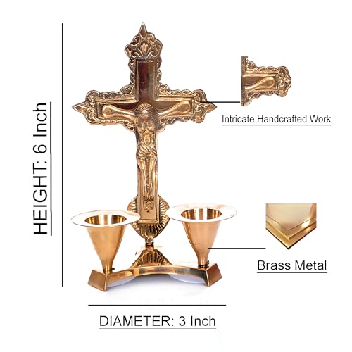 Hashcart Catholic Crucifix Cross with Candle Stand, Jesus Decor (6 Inch) Jesus Christ Statue & Figurine for Table Decoration, Catholic Decor Home Office Decor