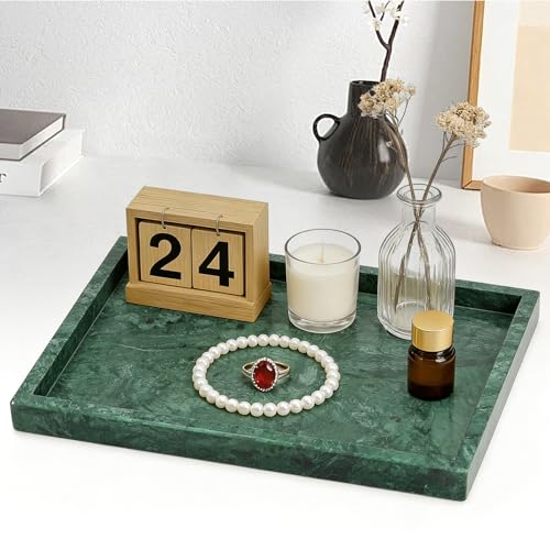 Natural Marble Tray, Stone Tray for Bedroom/Bathroom/Kitchen/Vanity Countertop, Jewelry Tray for Rings Earrings Necklace Bracelet Watch, Room Decor Aesthetic - color: Jade Green, size: 11.8" x 7.9" x 1.2"