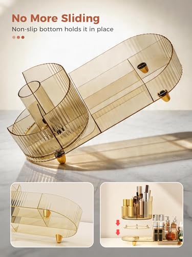 Booklov Rotating Makeup Organizer for Vanity, Large Capacity Cosmetic Display Case, Clear Acrylic Countertop Beauty Storage Holder for Skincare, Brush Eyeshadow Lipstick, Counter Desk, Crystal Amber - color: Crystal Amber, size: L01