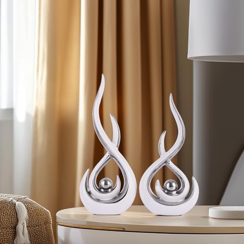 Ceramic Abstract 2 Piece Statue Set, White and Silver Home Decor Accents for Home Decor Statue Mantle Shelf Unique Decor, TV Cabinet Partition Table Top and Dining Table Centerpiece. - color: Ws