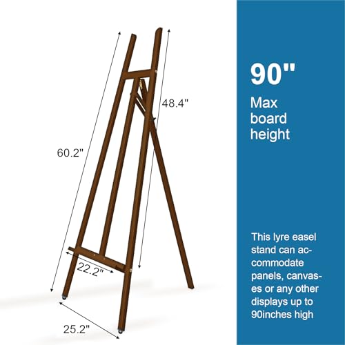 A - Frame Wooden Display Easel with Wheels - Adjustable Lyre Beechwood Studio Easel Stand Holding Canvas Up to 90", Inclinable Artist Floor Painting Easel for Artwork Painting, Brown - color: Brown