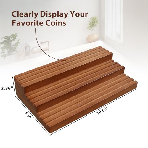 Challenge Coin Holder, 9 Rows Solid Wood Military Coin Display Stand Holds 60 Coins, Army Coin Rack Display Case for Desk Display