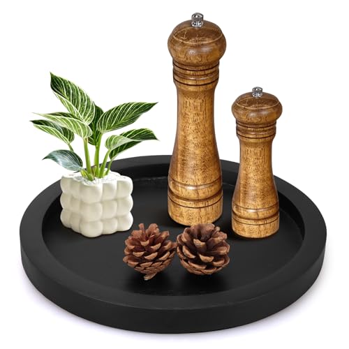 Rustic Decorative Wooden Serving Tray Home Decor Round Ottoman Coffee Table Trays Farmhouse Living Room Dinner Table Centerpiece Accessories Wood Candle Holder Tray for Kitchen Counter Bathroom Vanity - color: Black, size: 12"