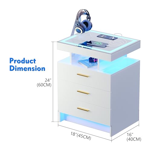 Lvifur 2 Set Nightstands with Wireless Charging Station, Auto Sensor 3 Color Dimmable LED Night Stand, Modern Bedside Table with 3 Drawers & 3 Open Compartments (White) - color: White X2 3 Drawers-glass Top