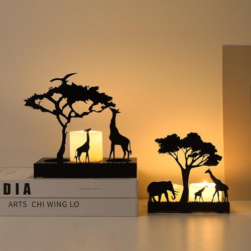 2Pcs Silhouettes Giraffe and Elephant Candle Holder, Tea Light Holder, Black Metal Candlestick for Home Decor - size: 2pcs