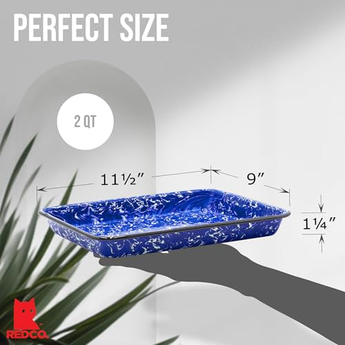 Red Co. 11" x 9" Enamelware Metal Classic 2 Quart Rectangular Serving Tray, Navy Blue Marble/Black Rim - Splatter Design - color: Navy Blue