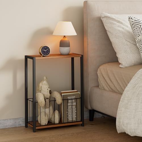 Homleke Narrow Side Table with Magazine Holder, Skinny End Table Perfect for Small Spaces, Space-Saving Design for Living Room, Bedroom, or Office, 7.1" D x 16.9" W x 23.6" H, Rustic Walnut - color: Rustic Walnut - Standard