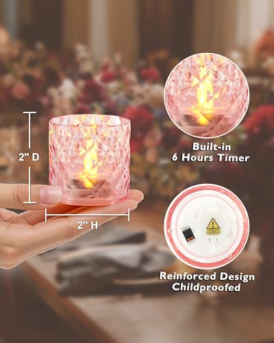 Homemory 2" x 2" Acrylic Votive Candle Holders with Auto Timer Flameless Led Tealight with, Battery Powered Fake Electric Candles for Wedding Centerpiece, Table, Christmas Decor (6Pack, Pink Base) - color: Pink, size: 6 Pack