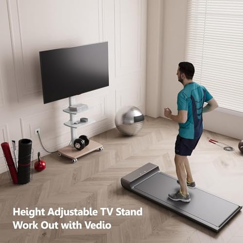 FITUEYES Rolling TV Stand with Power Outlets, Swivel Portable TV Stand for 32-70Inch LCD LED OLED Flat/Curved Panel Screen TVs, Height Adjustable&Wood Base, Mobile TV Cart with 2 Shelves - color: White, style: With Wheels & Power Strip