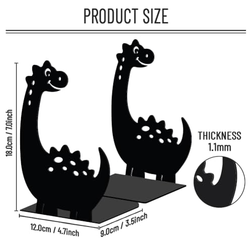 WADORN Cartoon Dinosaur Metal Bookends for Shelves Decorative 1 Pair, Heavy Duty Books End Support Non-Skid Book Holder Black L-Shaped Book Stopper for Home Office Desk Book Divider, 4.7x3.5x7 Inch - color: Dinosaur