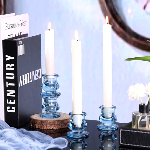 NITIME 12pcs Blue Candlestick Holders, Blue Glass Candle Holders for Pillar Candles, Taper Candle and Tealight Candles, Taper Candle Holders for Wedding, Table Centerpiece - color: Blue