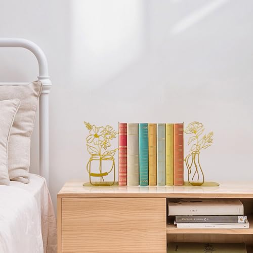 Metal Flower Vase Book Ends, Cute Book Ends for Office Home Decor Decorative Book Ends for Shelves, Ideal Gift for Book Lovers(Gold) - color: Gold