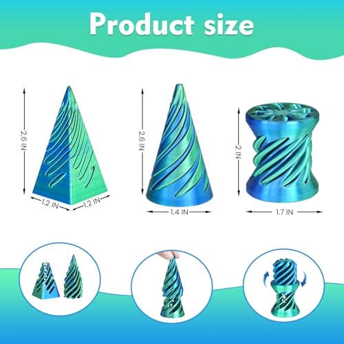3PCS Impossible Cone,3D Printed Spiral Cone Fidget Toys,Impossible Pyramid Passthrough Sculpture,Stress Relieving Toys for Adults and Kids,Stocking Filler White Elephant Gifts(Blue Green) - color: Blue Green