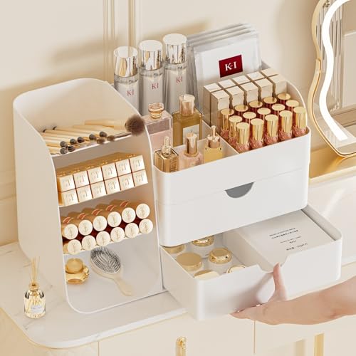 Booklov Makeup Organizer for Vanity, Countertop Cosmetic Display Case with Drawers, Bathroom Counter Beauty Caddy, Comfyroom Table Storage Holder for Skincare, Brush Eyeliner Eyeshadow Lipstick, White - color: White, size: M01