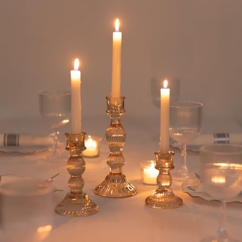 Efavormart Set of 3 Amber Gold Fluted Glass Taper Candle Holders, Ribbed Crystal Candlestick Stands 4", 6", 8" - color: Type12