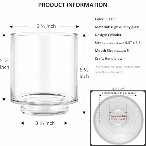 CYS EXCEL 6.5" x 5.5" Clear Glass Hurricane Candle Holder Vase – Cylinder Vase for Pillar & Floating Candles, Wedding Centerpieces & Home Décor - size: H-6.5" D-5.5"