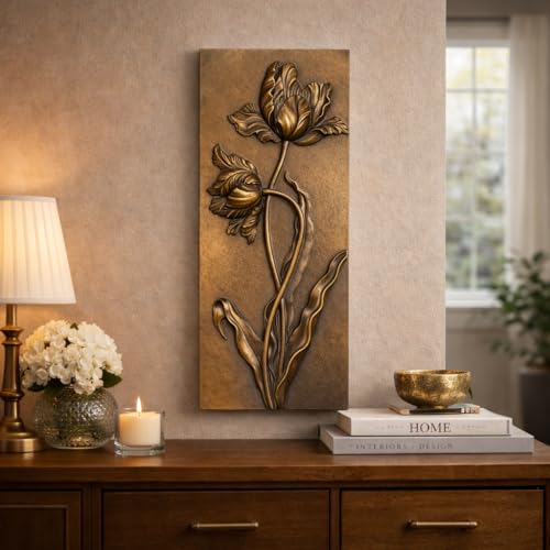 EvruCexul Vintage Floral Wall Sculpture, Antique Bronze Resin Wall Art with Ornate Botanical Design, Decorative Wall Plaque for Elegant Home Décor (Tulip) - style: Tulip